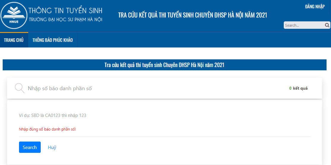 Thông báo: Tra cứu kết quả tuyển sinh THPT Chuyên Trường ĐHSP Hà Nội 